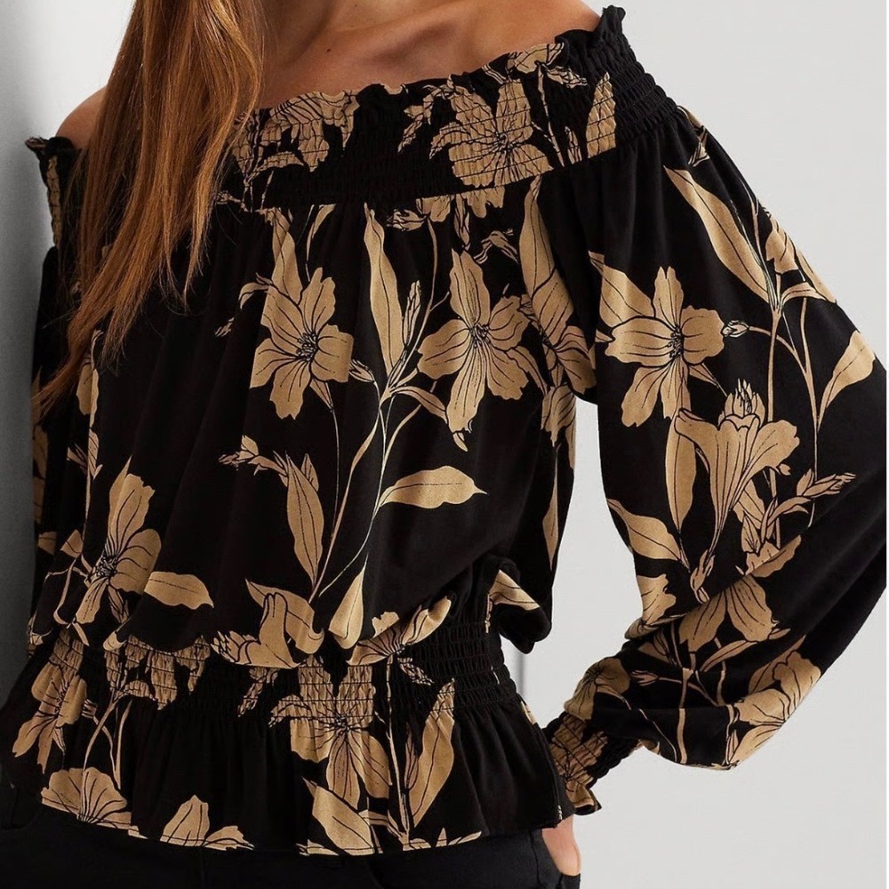 Lauren Ralph Lauren Black Tan Floral Off Shoulder Smocked Long Sleeve Blouse S